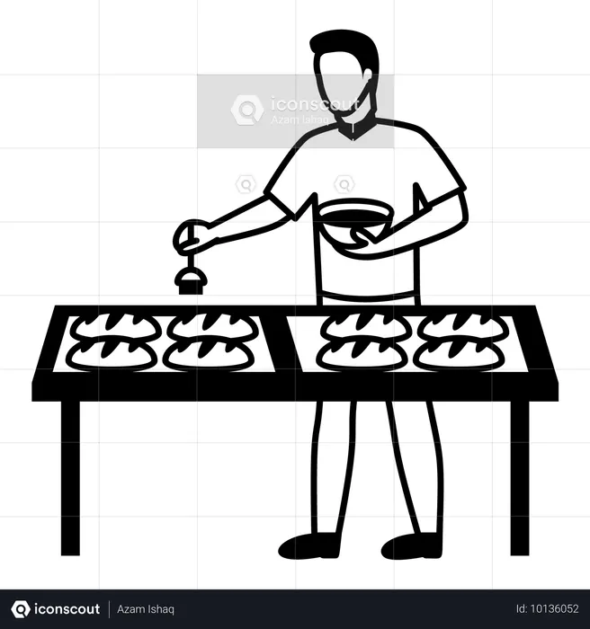 Baker coating buns with oil  Illustration
