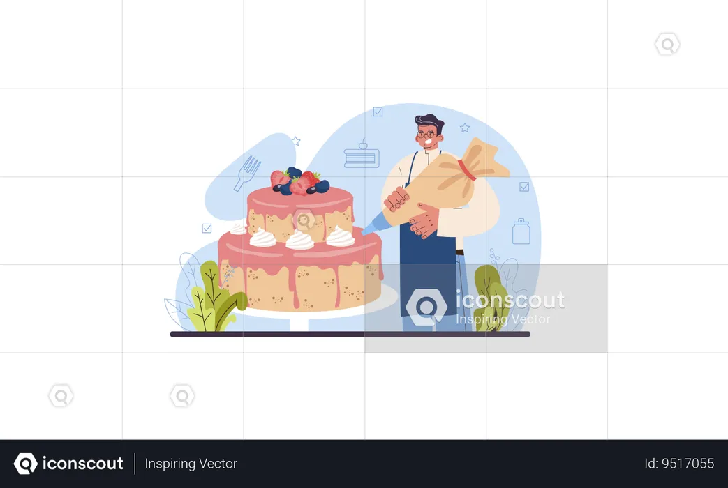 Baker decorates birthday cake  Illustration