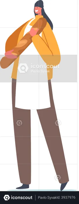 Baker Professional Bread Maker Holding Fresh Baguette or Loaf  Illustration