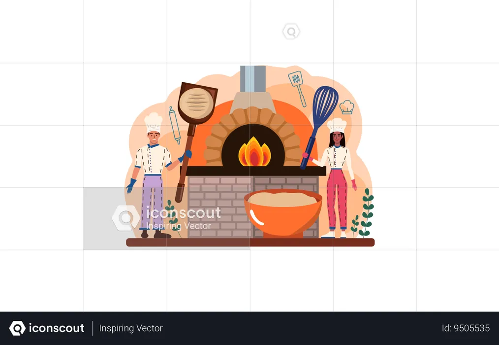 Bakers making oven pizza  Illustration