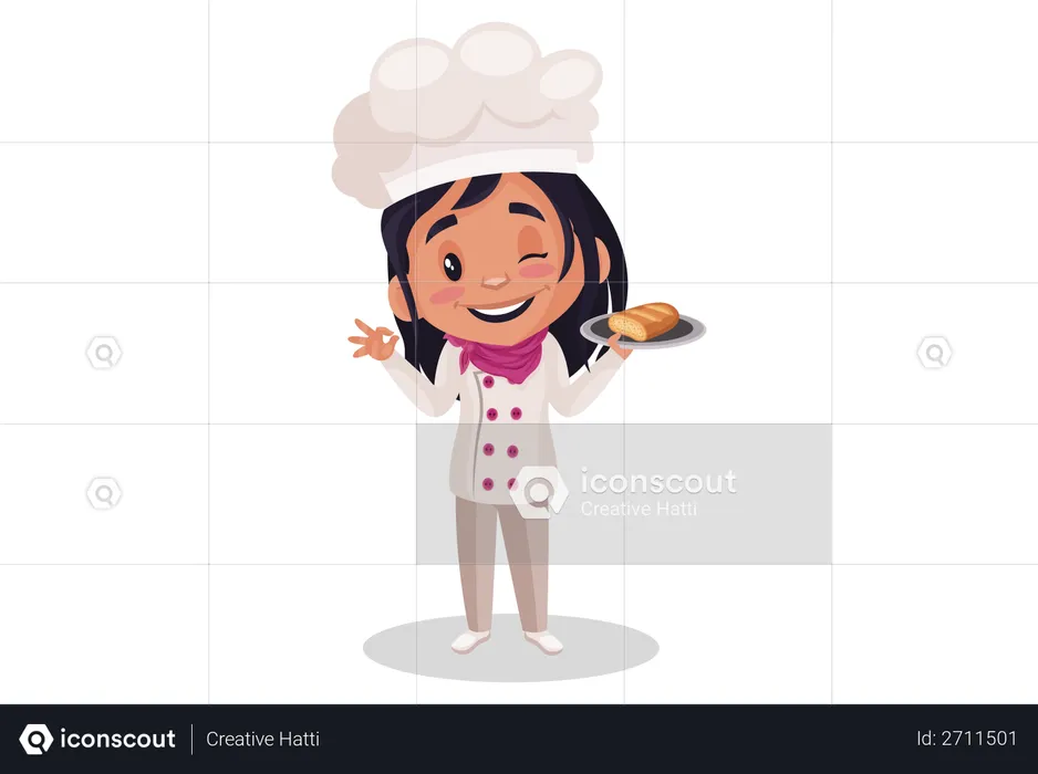 Bakery Girl holding bread in her hand  Illustration