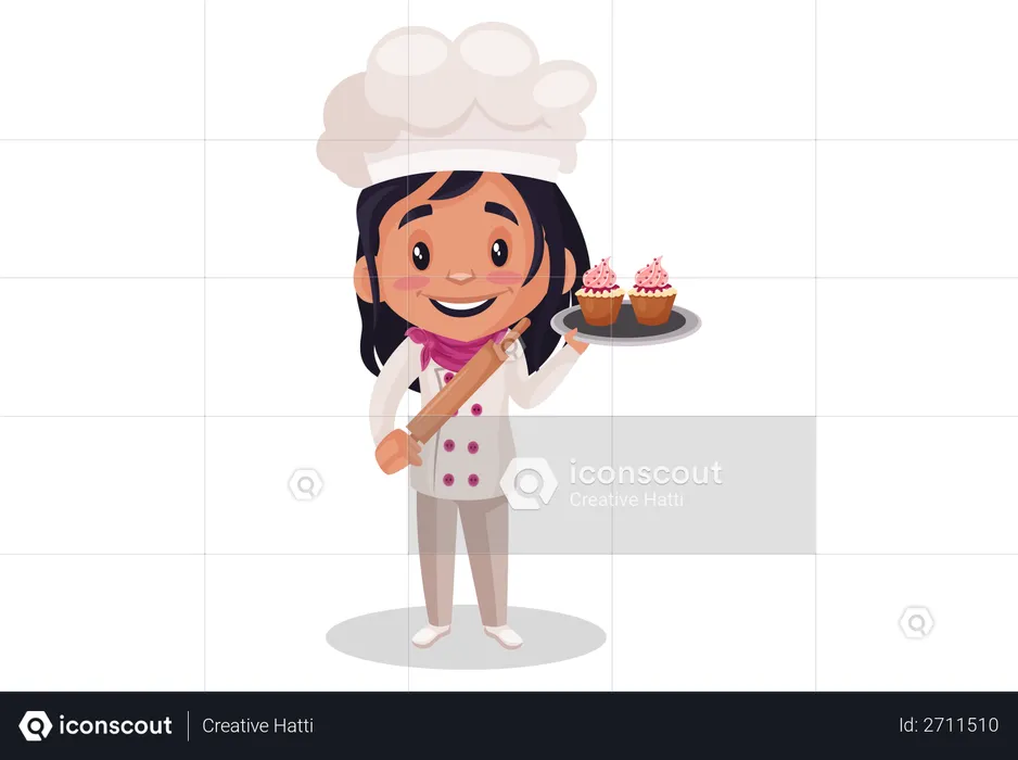 Bakery Girl holding cup cakes  Illustration