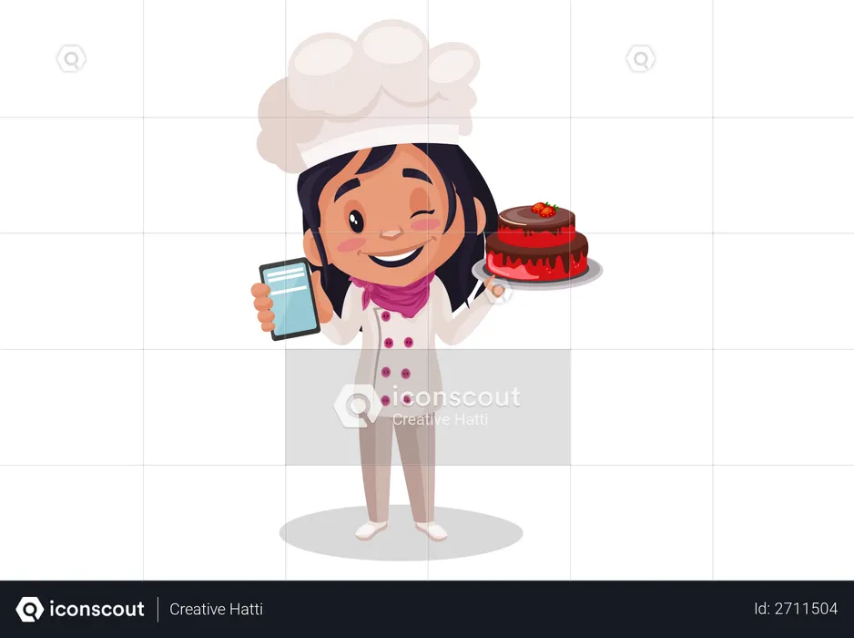 Bakery Girl showing mobile while holding cake  Illustration