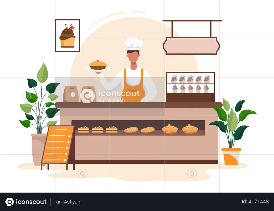 Bakery Owner Holding cake  Illustration