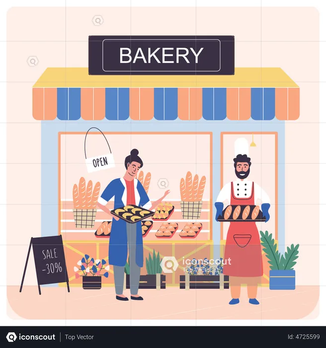 Bakery owners holding cookie and bread  Illustration