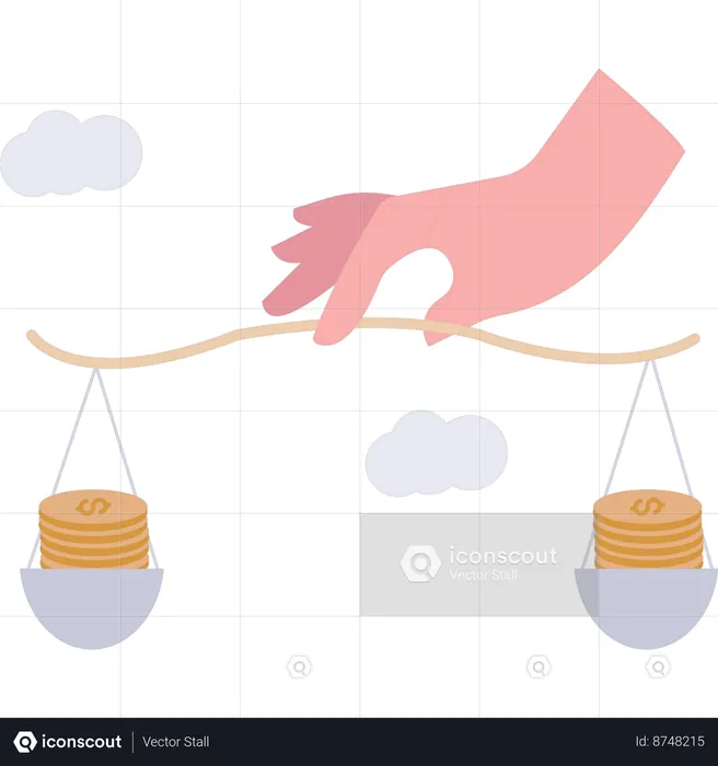 Escala de equilíbrio empresarial com moedas de dólar  Ilustração