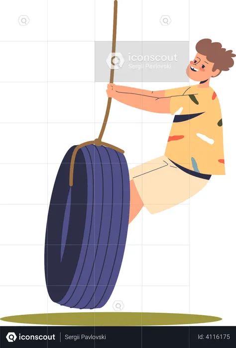 Menino andando de balanço de pneu  Ilustração