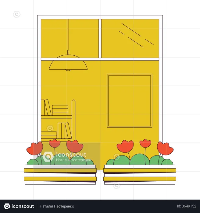 Balcony window with flowers in pots  Illustration