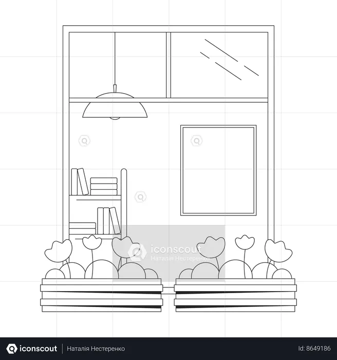 Balcony window with flowers in pots  Illustration