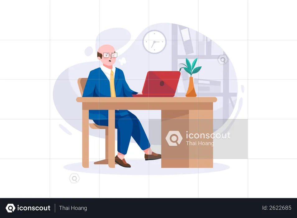 Bald businessman working on his office desk  Illustration