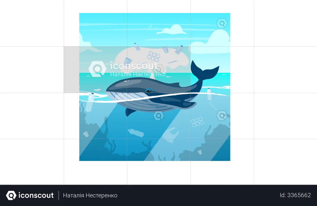 Baleine dans l'océan avec des déchets plastiques  Illustration