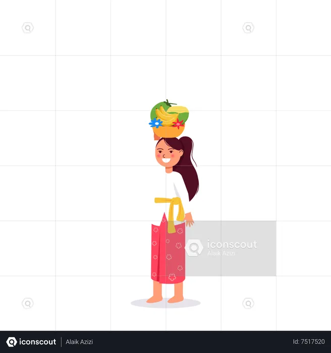 Balinese girl on hindu ritual parade to the beach to perform purification ceremony  Illustration