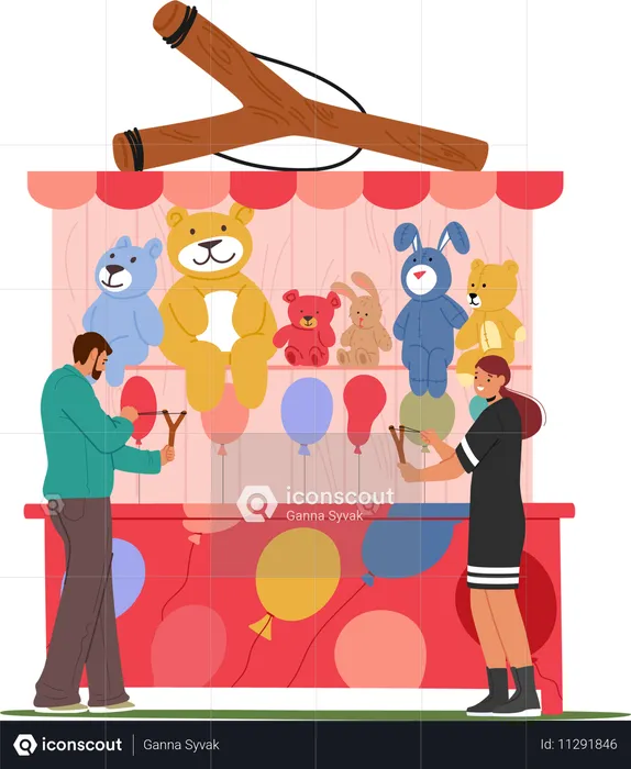 Balloon popping Game Booth With Stuffed Animal Prizes At Fairground  Illustration