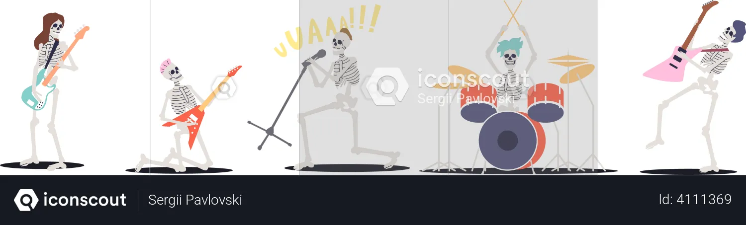 Band of skeletons playing electric guitars  Illustration
