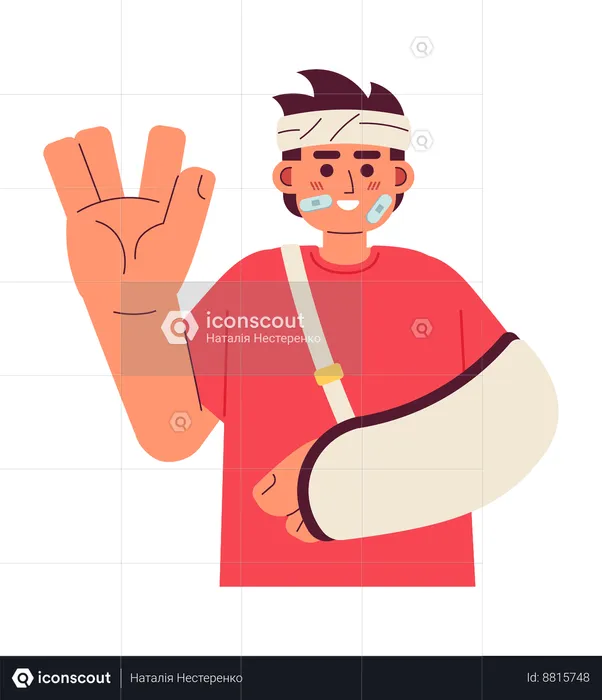 Bandage wrapped man cheerful with arm sling  Illustration