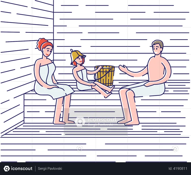 Família tomando banho na sauna  Ilustração