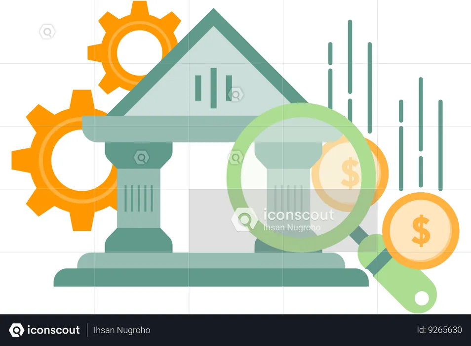 Bank Building And Magnifying Glass  Illustration