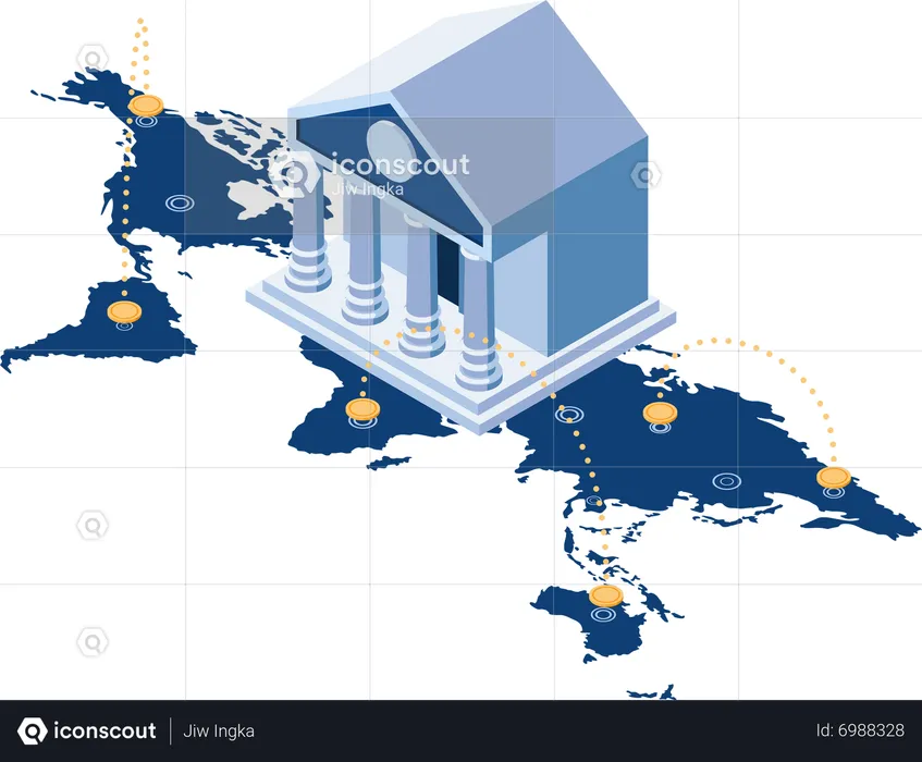 Bank Building on World Map with Global Money Transfer  Illustration