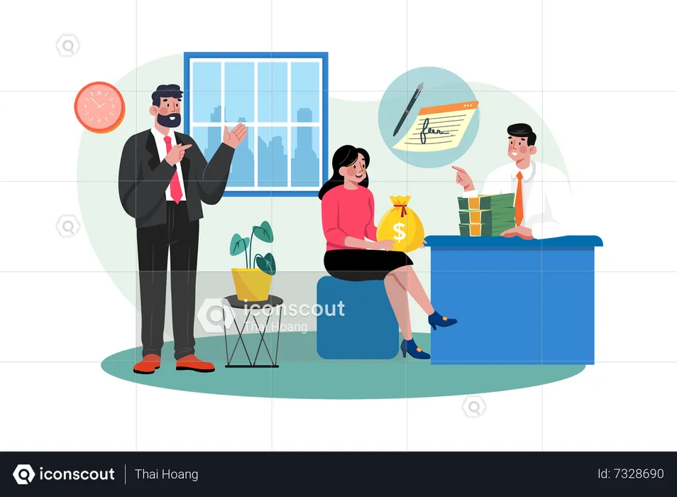 Bank manager overseeing the operations of a bank branch  Illustration