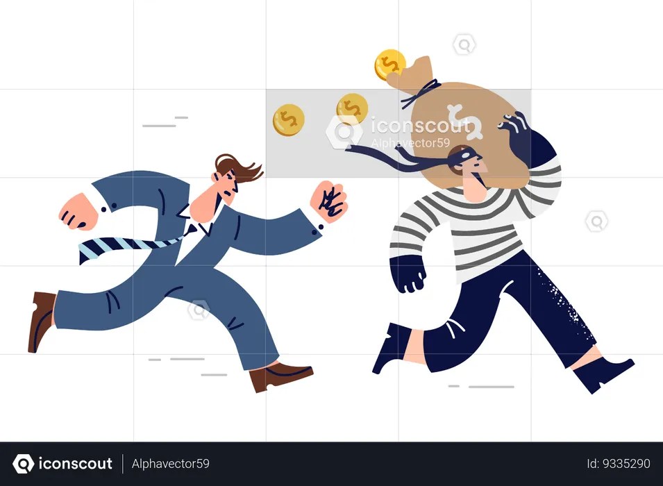 Bank security guard runs after thief  Illustration
