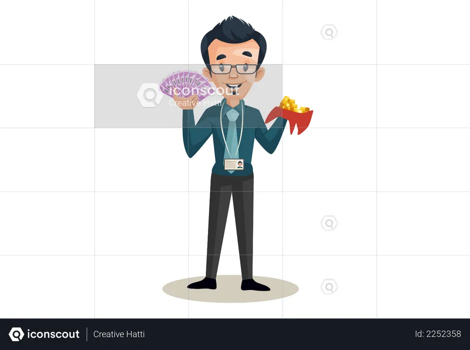 Banker is holding money in one hand and other hand holding gold coins  Illustration