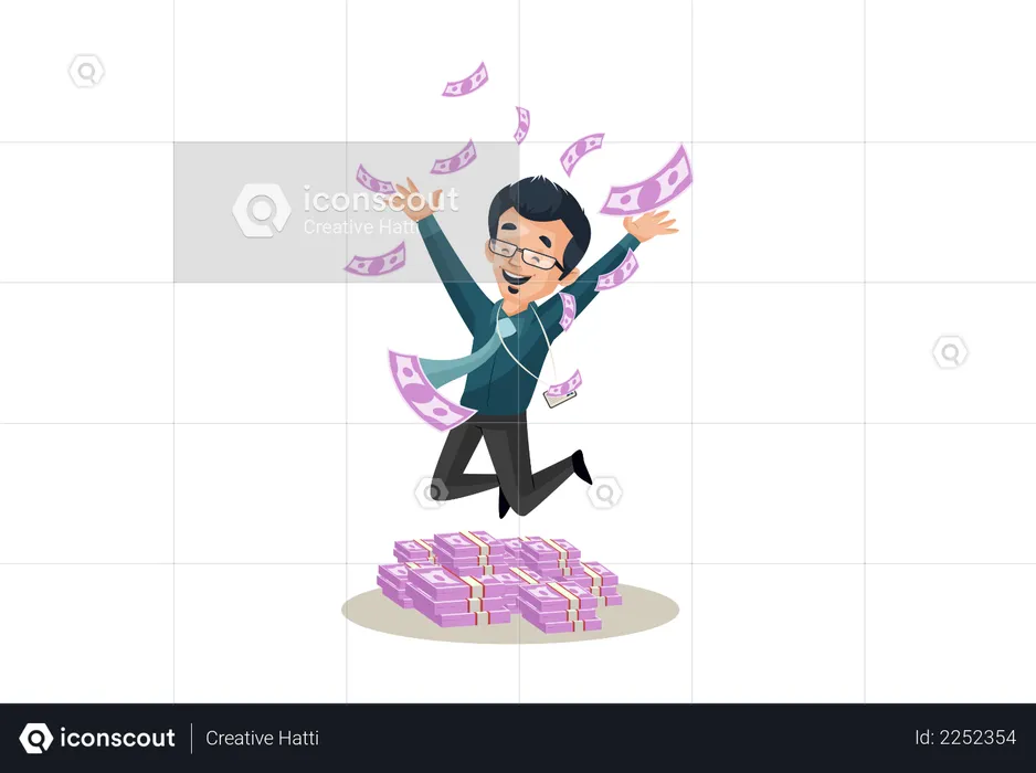 Banker is jumping with money in happiness  Illustration