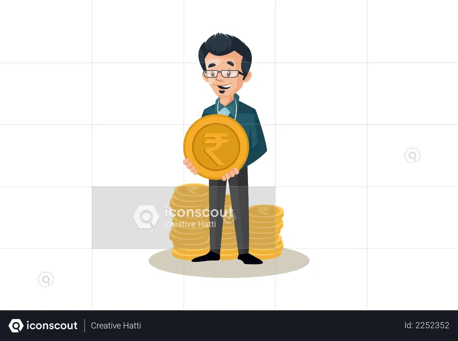 Banker with coins and holding one coin in hand  Illustration