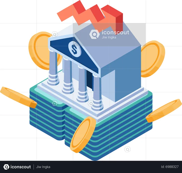 Bankgebäude auf Haufen Geld und Münzen  Illustration