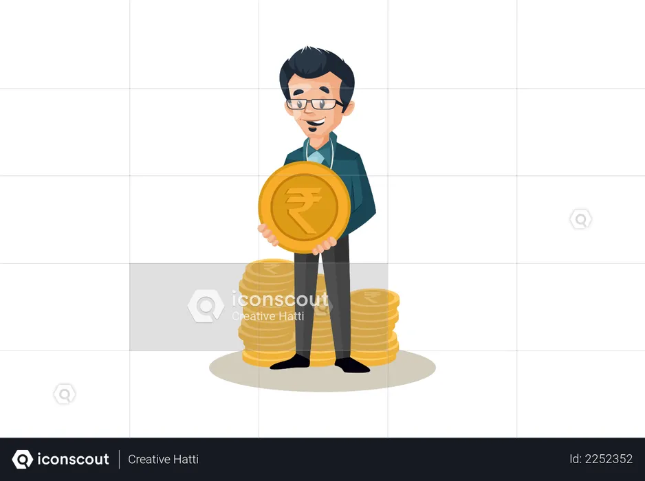 Banker mit Münzen und hält eine Münze in der Hand  Illustration