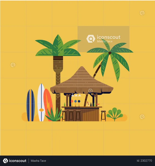 Bar de praia e barcos de surf  Ilustração