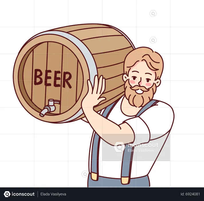 Homme barbu tenant un tonneau de bière  Illustration