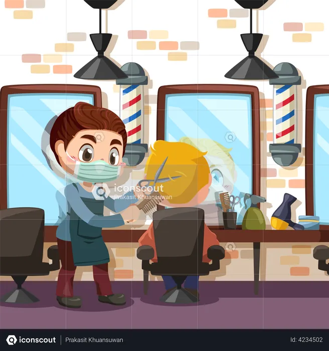 Barber making haircut to a client with scissors at barbershop  Illustration