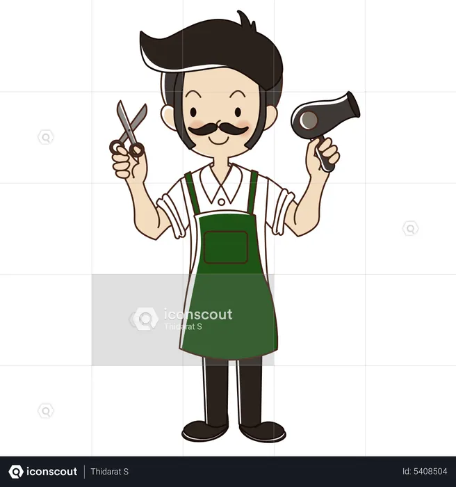 Barber man in white shirt with scissor and hair dryer  Illustration