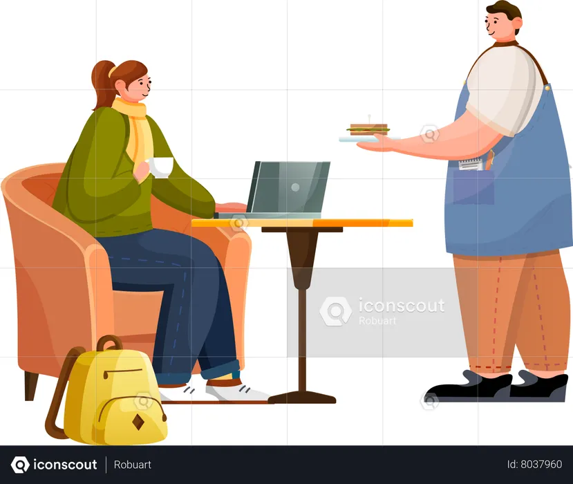 Barista apporte un sandwich pour femme au café  Illustration