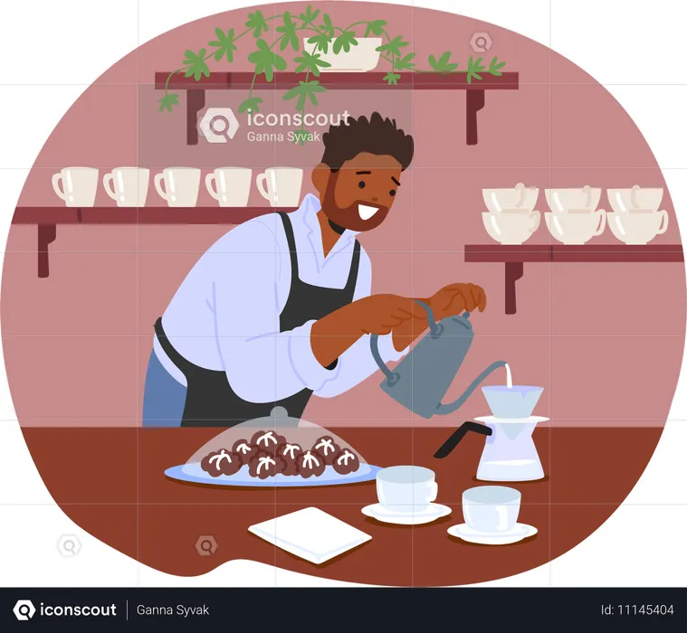 Un barista masculin prépare du café dans un café  Illustration