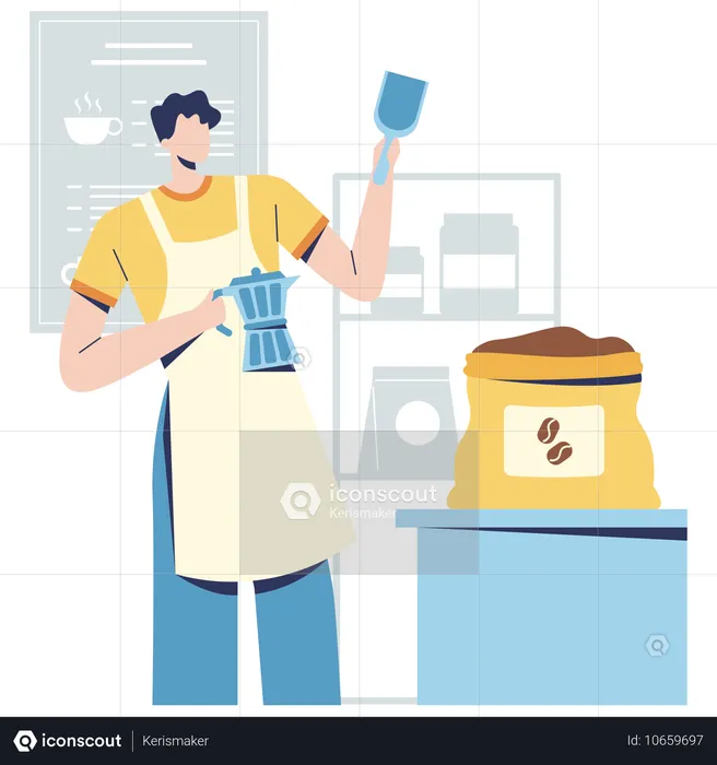 Barista masculino sacando granos de café de una bolsa de café  Ilustración