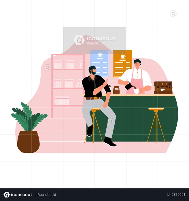 Barista talking with customer while making coffee  Illustration