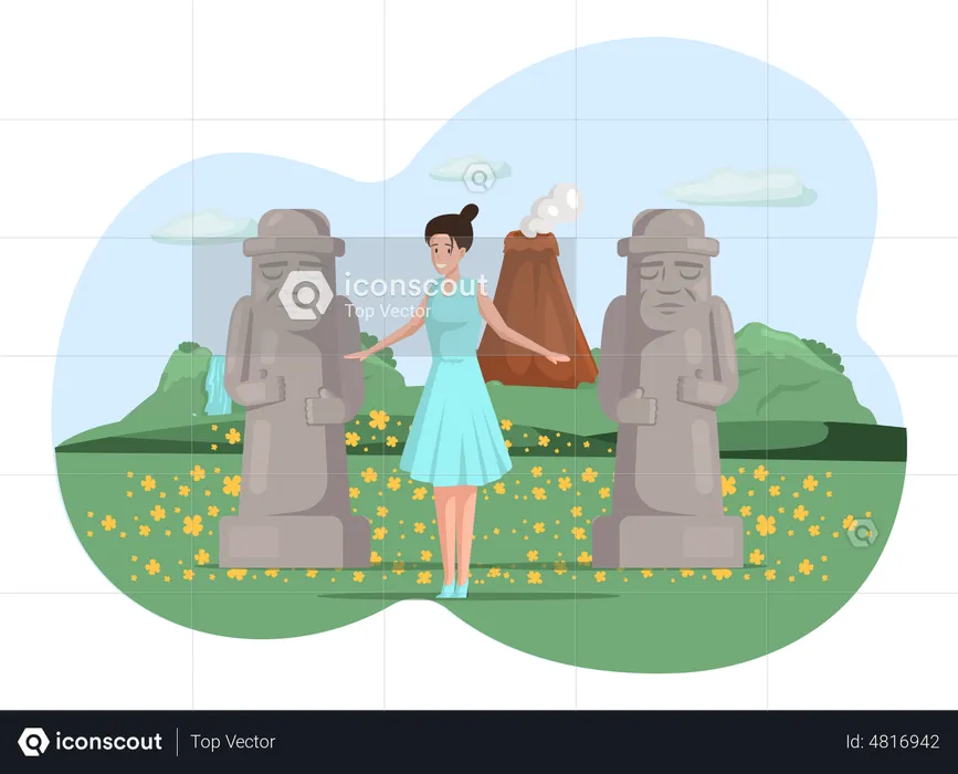 Turista feminina fica perto de grandes estátuas  Ilustração