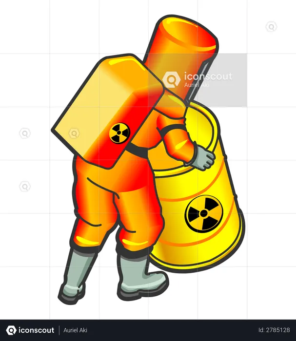 Trabalhador nuclear movendo barril radioativo  Ilustração