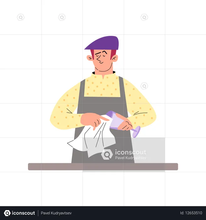 Bartender behind counter wipes the glass  Illustration