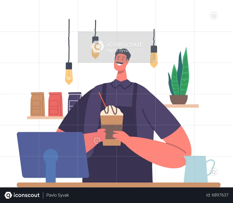 Bartender Hold Cappuccino Cup  Illustration