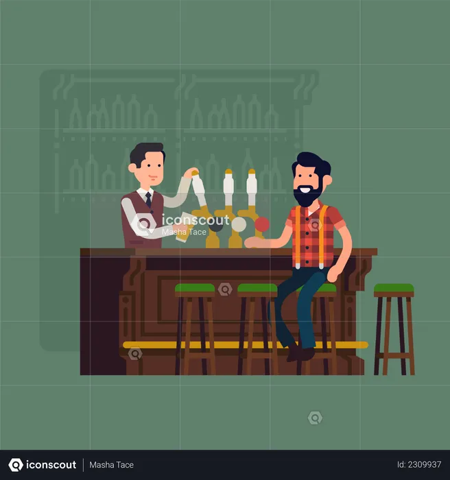 Bartender serving customer at bar counter pouring beer from tap  Illustration