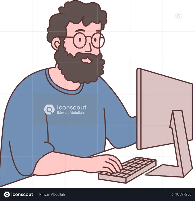 Bärtiger Mann, freiberuflicher Charakter mit Brille, der mit dem Computer arbeitet  Illustration