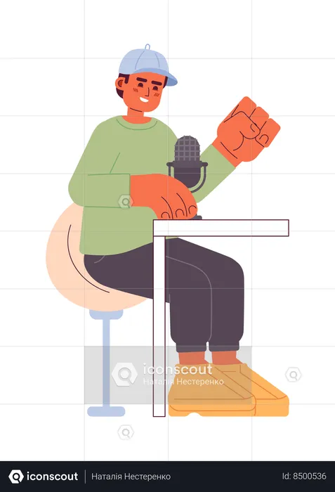 Baseball cap man speaking into microphone podcast  Illustration