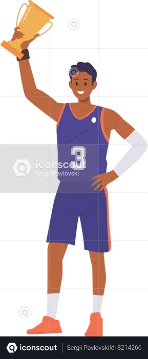 Basketball player holding golden trophy cup over head  Illustration