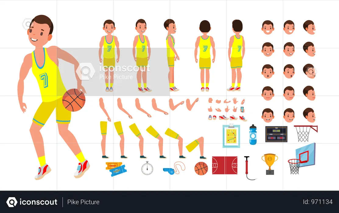 Basketball Player Male Vector. Animated Character Creation Set. Basketball Player Man. Full Length, Front, Side, Back View, Accessories, Poses, Face Emotions. Isolated Flat Cartoon Illustration  Illustration