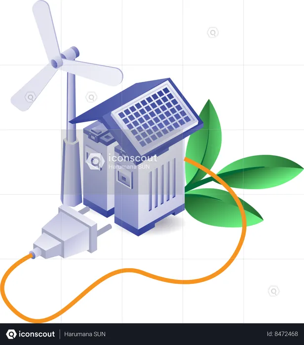 Baterías de almacenamiento de energía solar y molinos de viento.  Ilustración