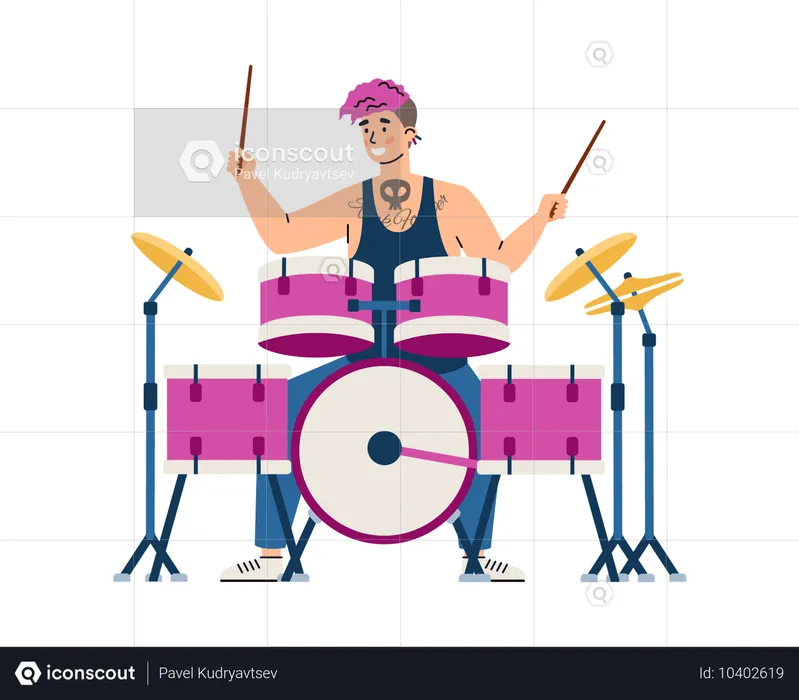 Baterista de una banda de rock tocando música en la batería  Ilustración