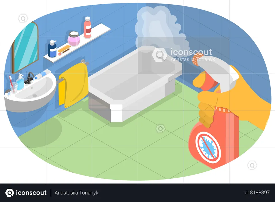 Bathroom Disinfectant and Cleaning with Spray Detergent  Illustration