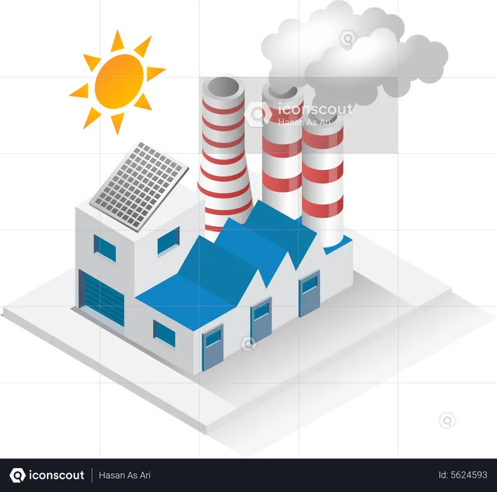 Bâtiment d'usine avec cheminée équipé de panneaux solaires  Illustration